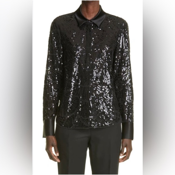Lafayette 148 Scottie black blouse in terra sequin pattern - Picture 2 of 11